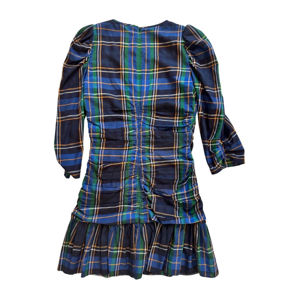 Tanya Taylor Raven Tartan Mini Dress Women’s 8 Ruched Preppy Blue Green Cotton - Picture 3 of 16